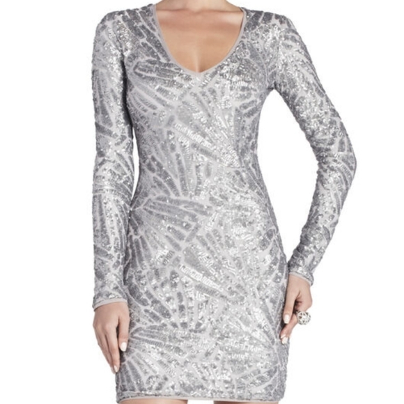 bcbg silver sequin dress BCBG MAXAZRIA KAMILA LONG SLEEVE SEQUIN DRESS XS WHITE SILVER Holidays